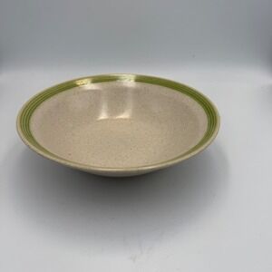 Kilncraft Japan Stoneware Bowl Green Striped Rim Speckled Cream Vintage 9 inch